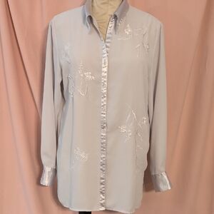 Kim Rogers Light Gray Blouse with Embroidered Floral Design